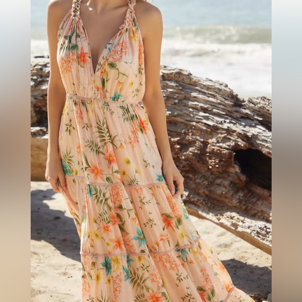 PQ Swim Peach Floral Tiered Maxi Dress with Teal & Orange Accents - Picture 5 of 7